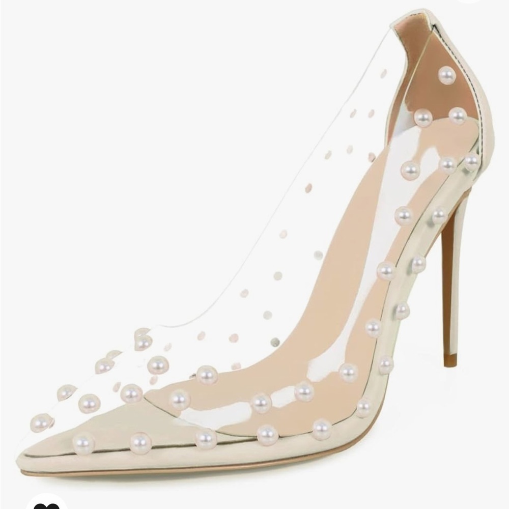 Women's Pumps 4inch (11cm) Pointed Toe High Heels Pearl Studded PVC Clear Heels - Picture 5 of 7